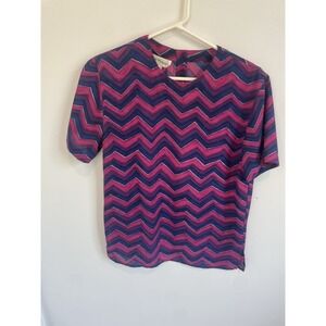 Vintage Rena Rowan Zig Zag‎ Striped Purple Pink Blouse Size 6 Retro 80s
